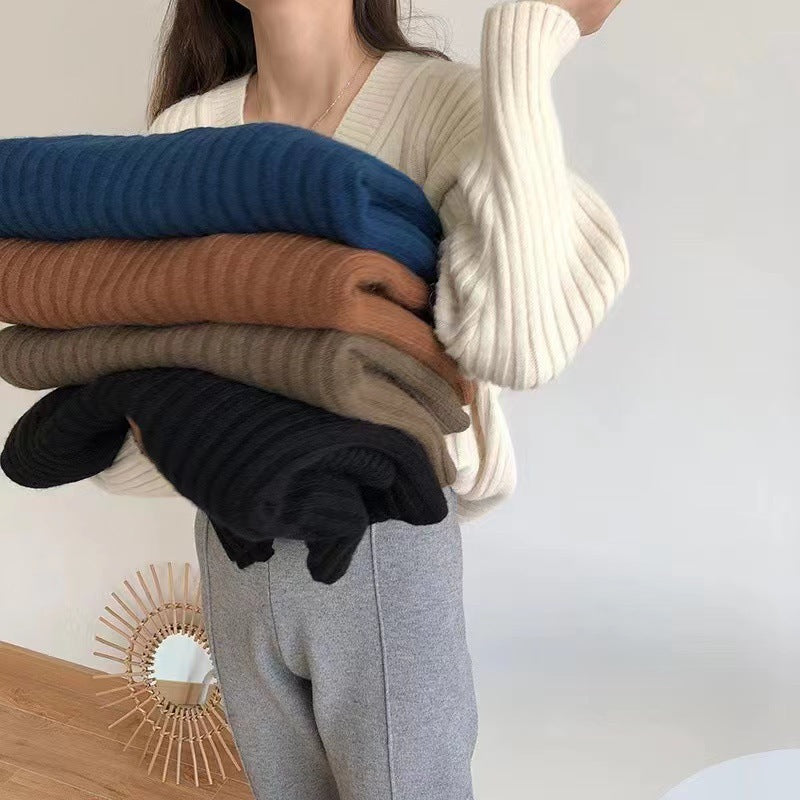 Damen Viskose-Strickpullover mit V-Ausschnitt und geripptem Design EB