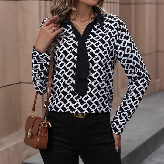 Damen Elegante Bluse mit modernem grafischem Muster und Krawattenverschluss EB