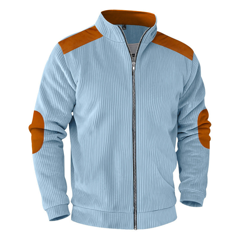 Herren nan gerippte Stehkragen-Sweatjacke mit durchgehendem Reißverschluss, Schulter- und Ellbogen-Patches EB