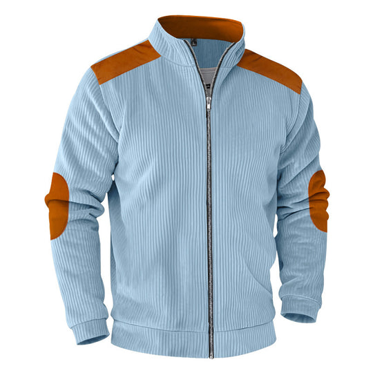Herren nan gerippte Stehkragen-Sweatjacke mit durchgehendem Reißverschluss, Schulter- und Ellbogen-Patches EB