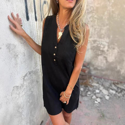 Damen lässiges Leinenhemdkleid mit Knopfleiste und seitlichen Schlitzen EB