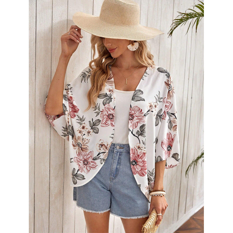 Damen Modischer Kimono mit floralem Design und weit geschnittenen Ärmeln EB