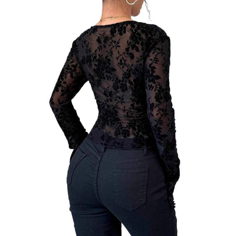 Damen Spitzen-Bodysuit mit tiefem V-Ausschnitt und romantischen Rüschendetails EB