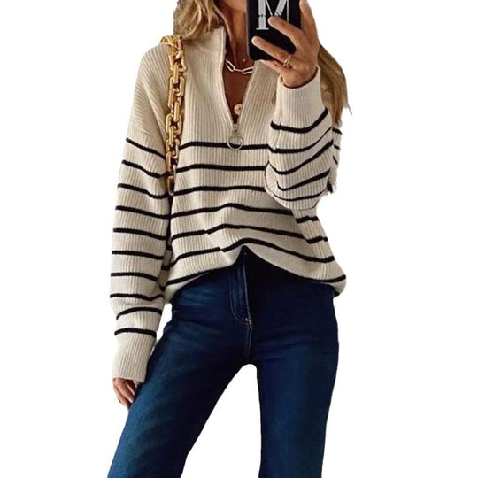 Damen Strickpullover mit halbem Reißverschluss und Streifenmuster EB