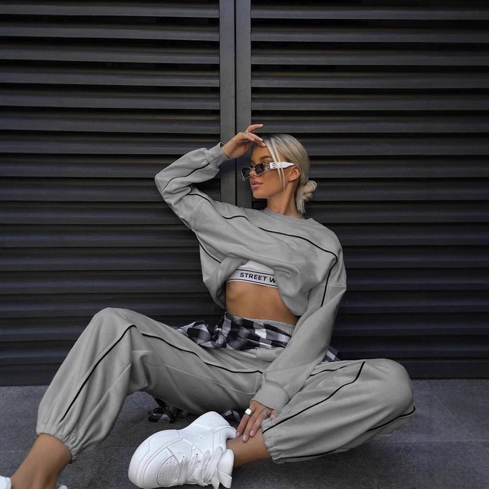 Damen nan kurzes Crop-Sweatshirt und lässige Jogginghose mit kontrastierenden Paspeln EB