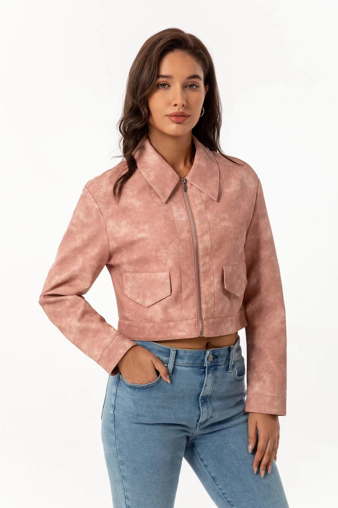 Damen modische cropped Jacke mit aufgesetzten Taschen EB