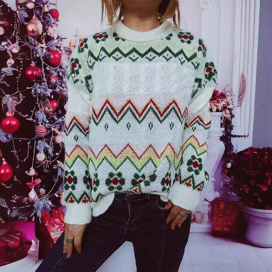 Damen festlicher Strickpullover mit nordischem Muster EB