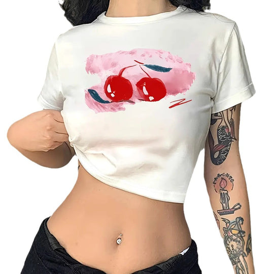 Damen Crop-T-Shirt mit fröhlichem Kirschmotiv und kurzem Schnitt EB