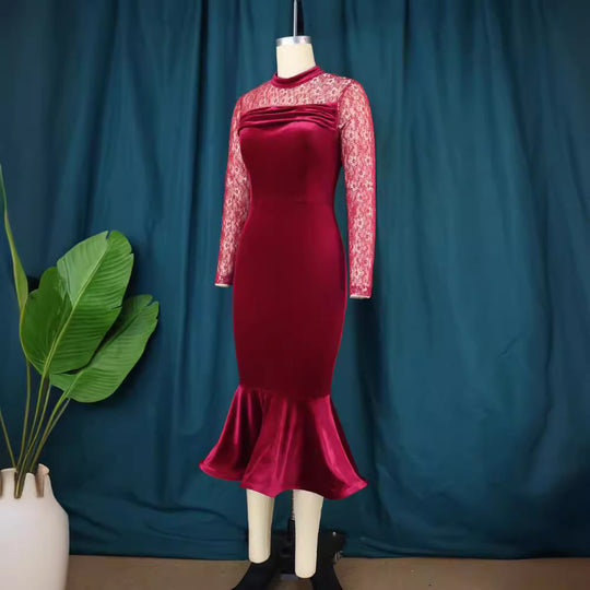 Damen Elegant Fit-and-Flare Kleid mit Spitzenärmeln EB