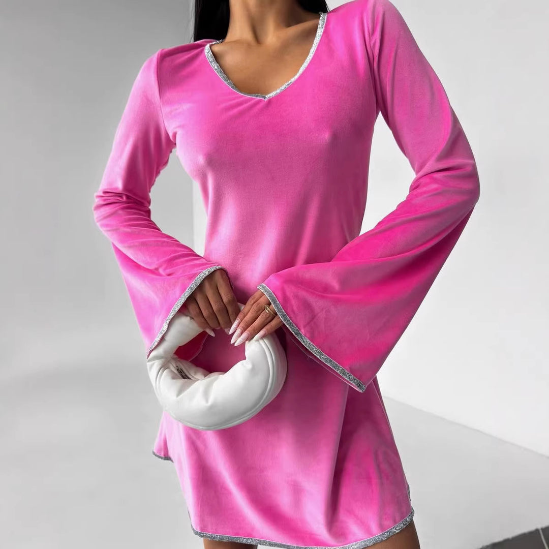 Damen Samt-Minikleid mit ausgestellten Glockenärmeln und Strassbesatz EB