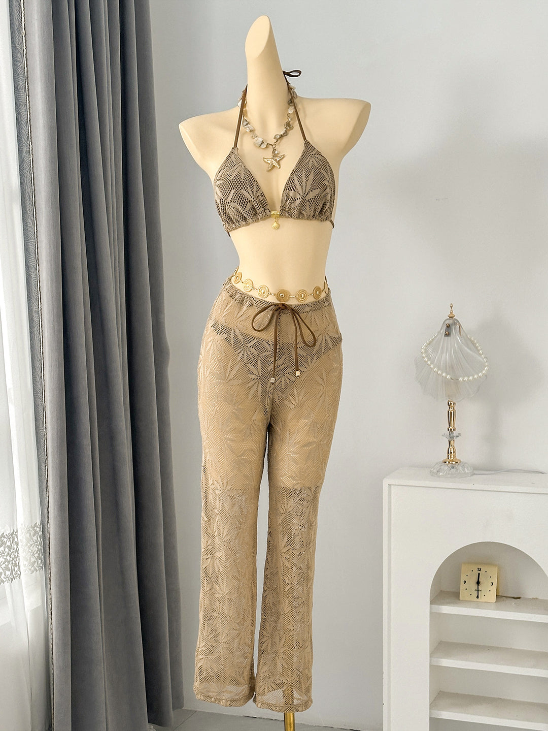 Damen Netz-Bikini-Set mit elegantem Oberteil und transparenten Palazzohosen EB