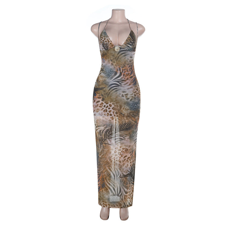 Damen Maxikleid mit tiefem V-Ausschnitt und animalischem Print EB