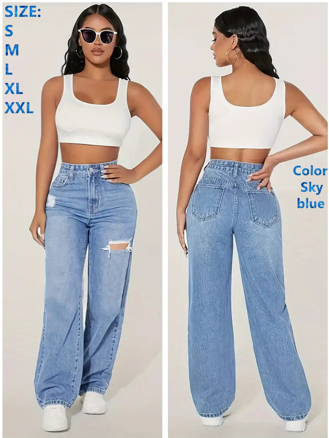 Damen weite Jeans mit modischen Rissdetails und hohem Bund EB