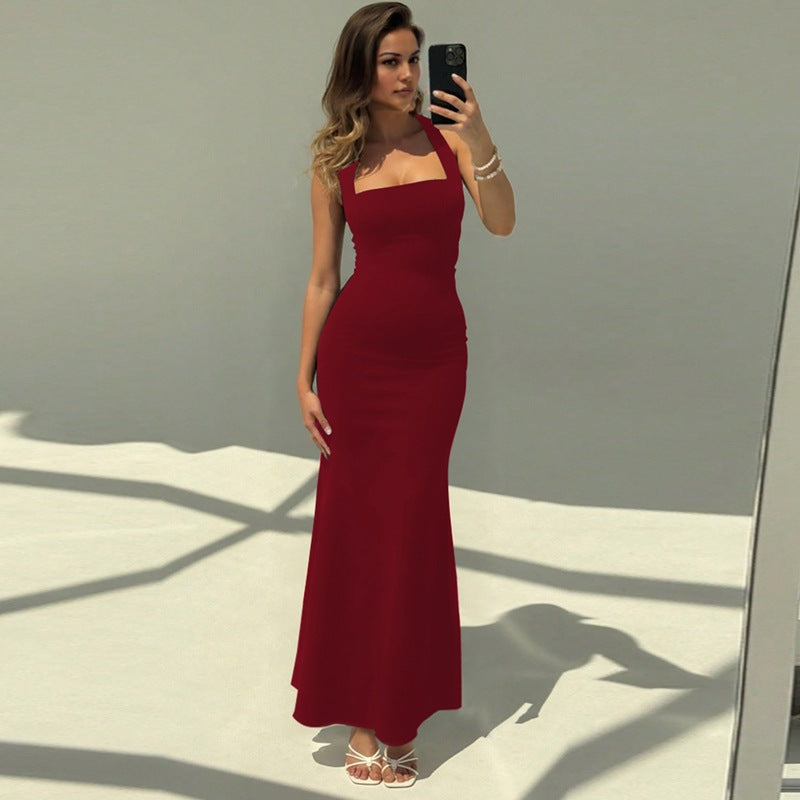 Damen Elegantes Maxikleid mit quadratischem Ausschnitt und figurbetonter Silhouette EB