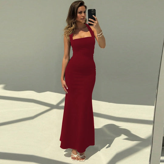 Damen Elegantes Maxikleid mit quadratischem Ausschnitt und figurbetonter Silhouette EB