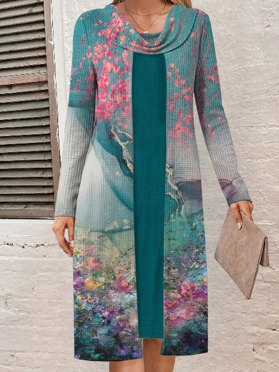 Damen Langarmkleid mit kunstvollem Blumenmuster EB
