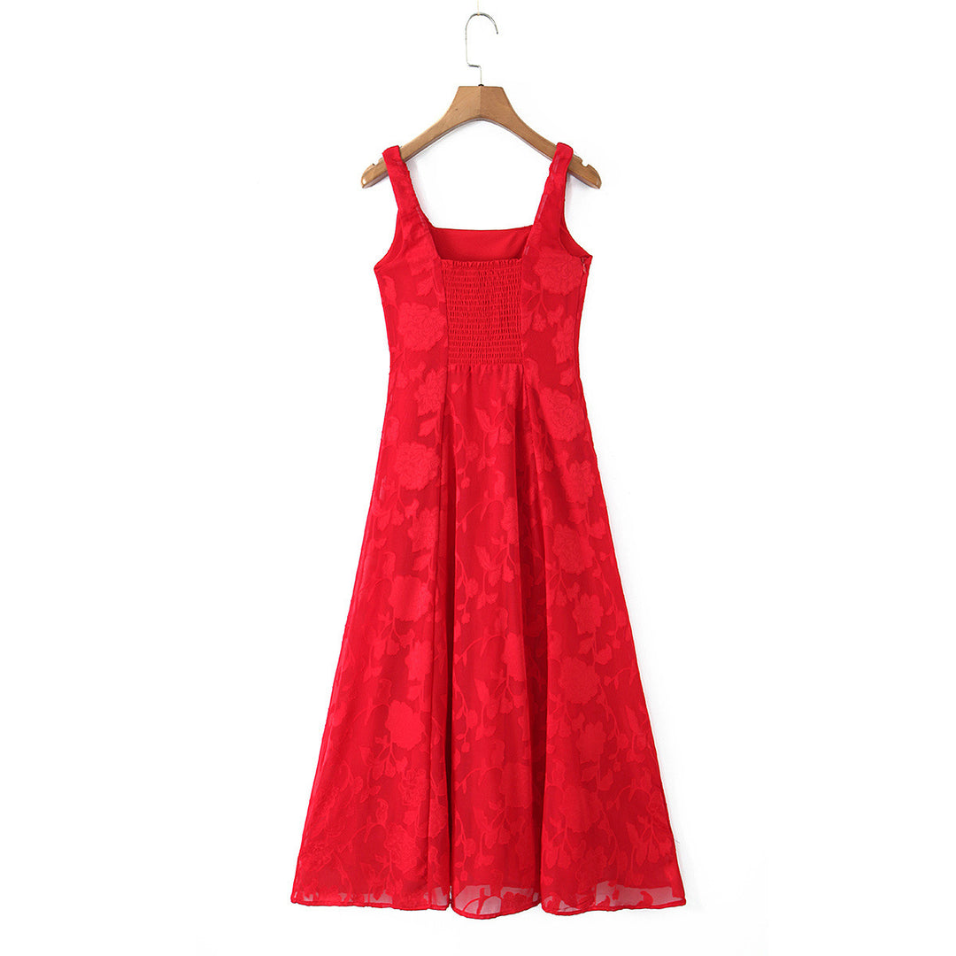 Damen Maxikleid mit floralem Reliefmuster und eleganten Trägern EB