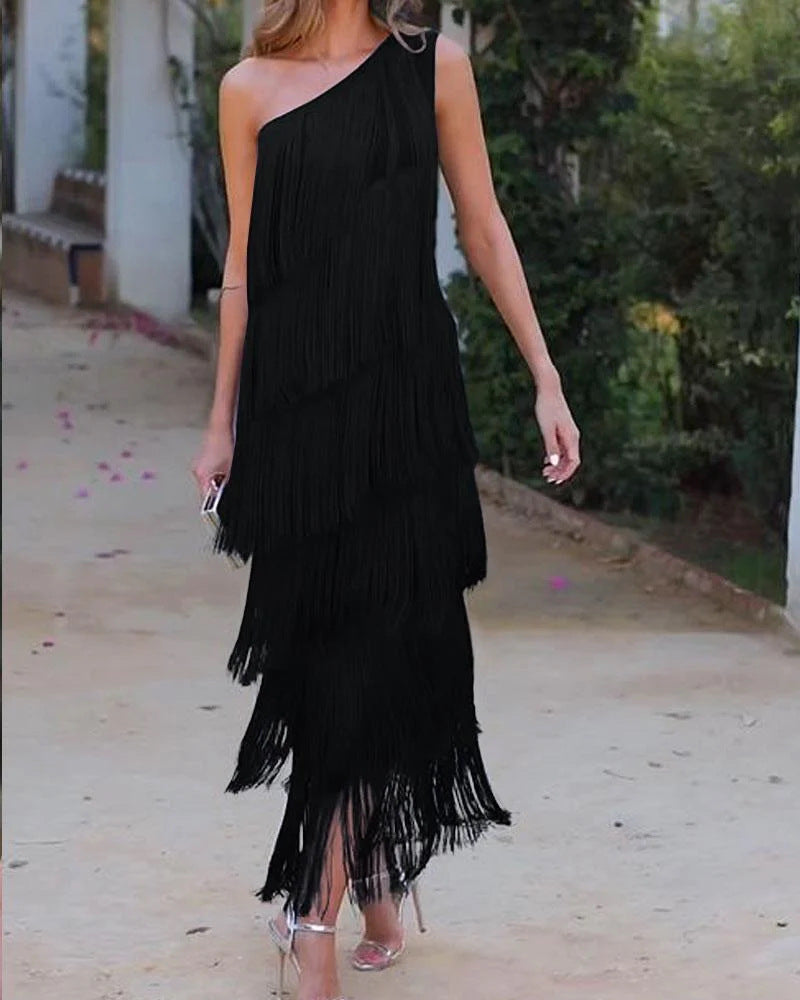 Damen Fransen Maxikleid mit asymmetrischem Schnitt und elegantem Detail EB