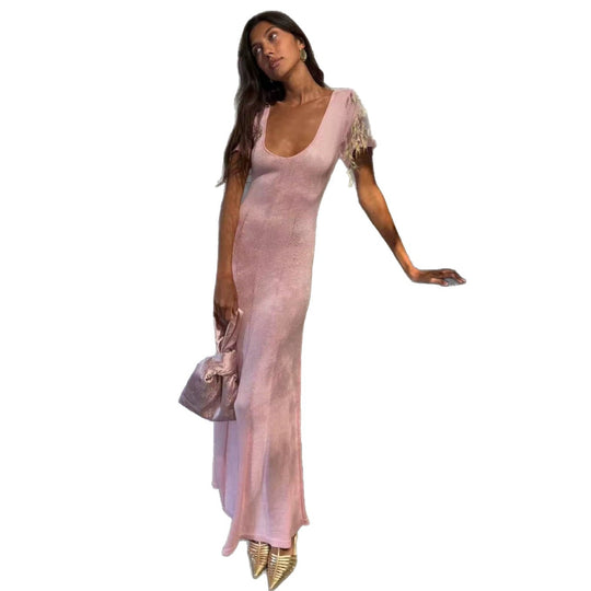 Damen elegantes figurbetontes Maxikleid mit V-Ausschnitt EB