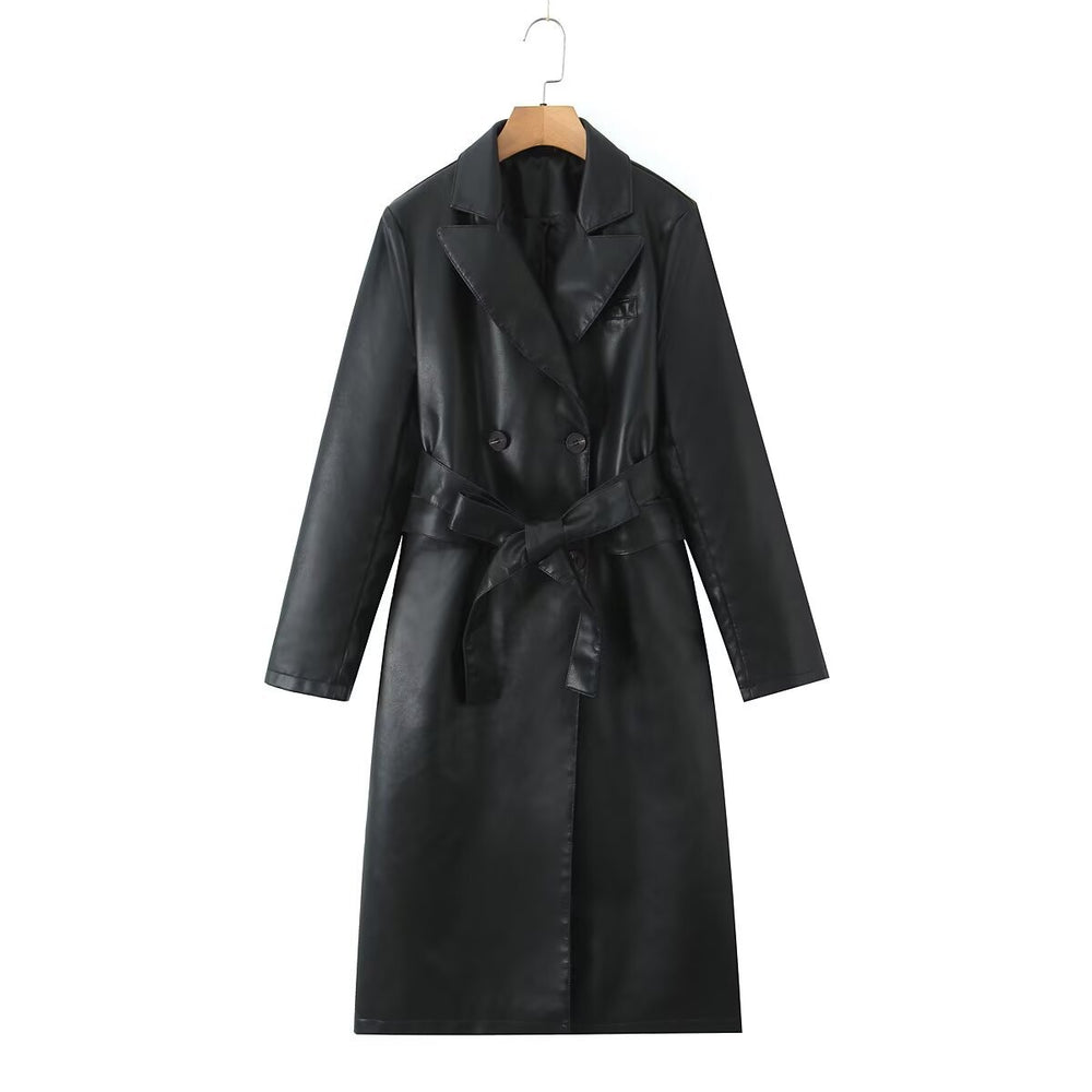 Damen Kunstleder Trenchcoat mit taillierbarem Gürtel und doppelter Knopfleiste EB