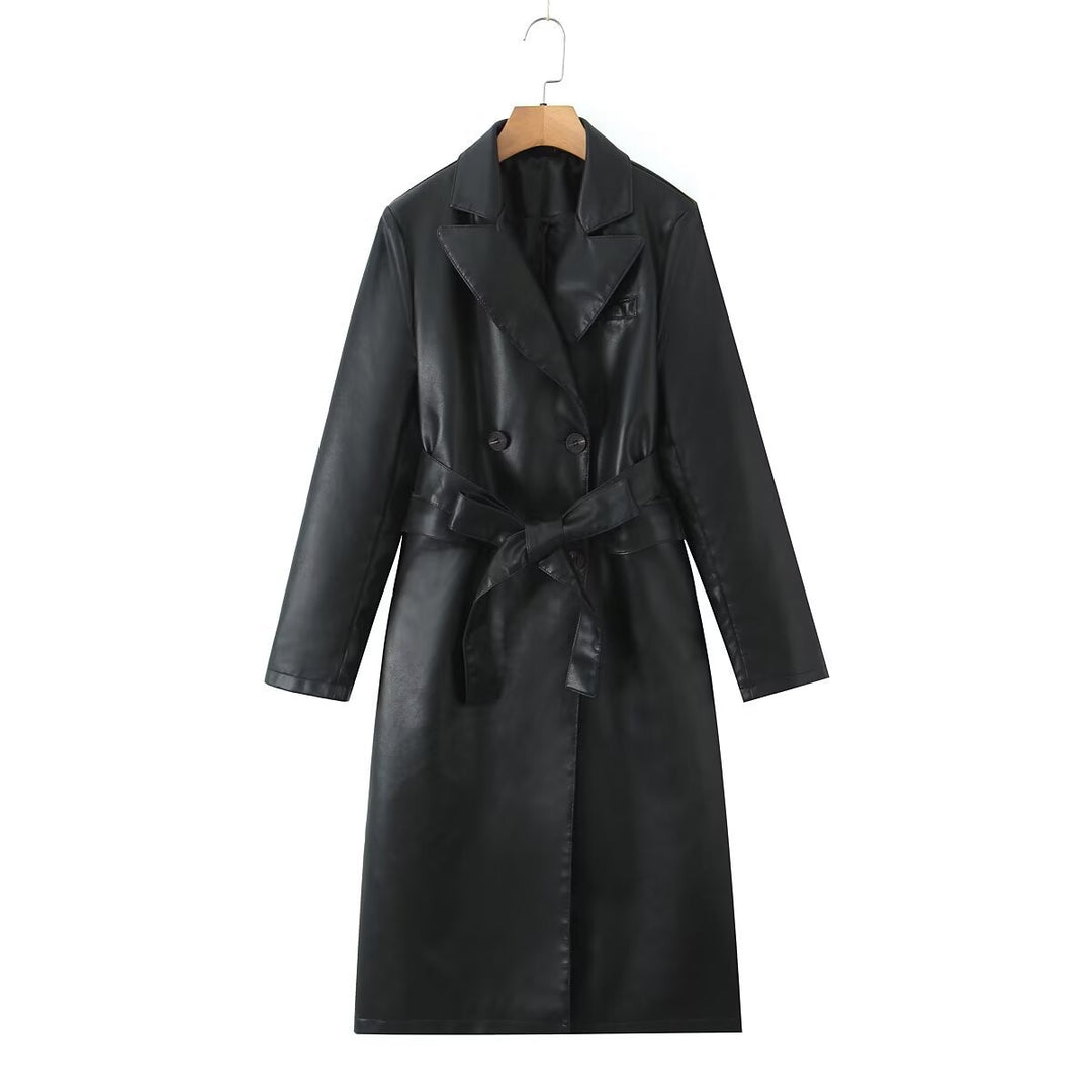Damen Kunstleder Trenchcoat mit taillierbarem Gürtel und doppelter Knopfleiste EB