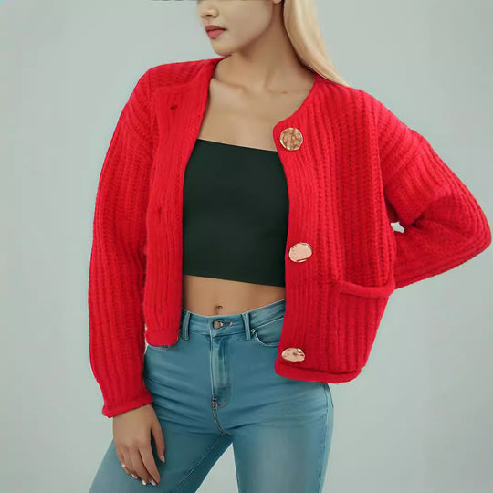 Damen Strickjacke mit kreativen Knopfdetails und seitlichen Taschen EB