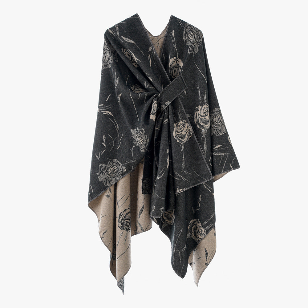 Damen Beidseitig tragbarer Jacquard-Überwurf mit Rosenmuster und Bindegürtel EB