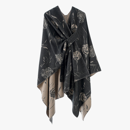 Damen Beidseitig tragbarer Jacquard-Überwurf mit Rosenmuster und Bindegürtel EB