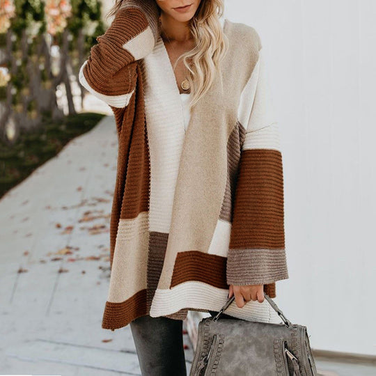 Damen lässige Strickjacke mit modischem Streifenmuster EB