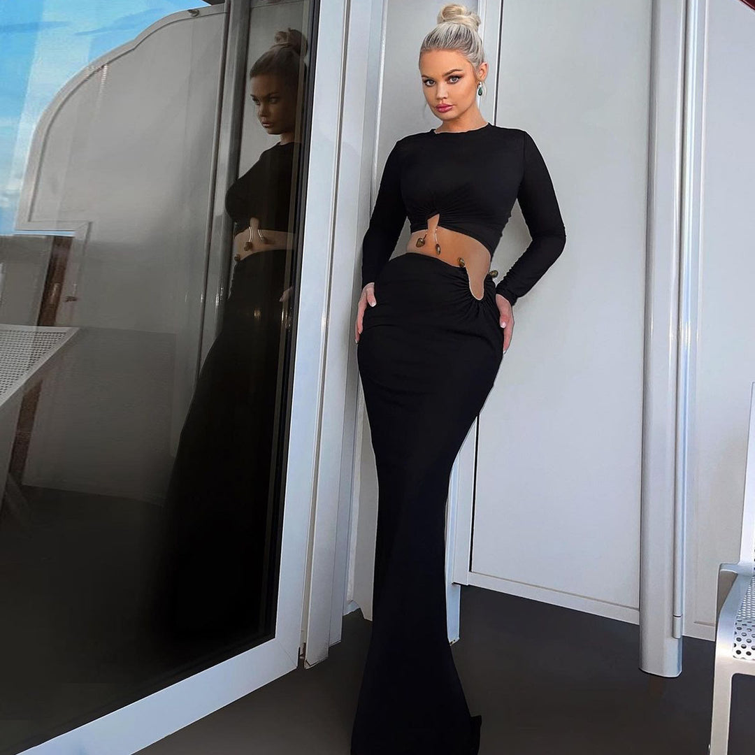 Damen Crop-Top und Maxi-Rock Kombi mit hohem Schlitz und eleganter Raffung EB