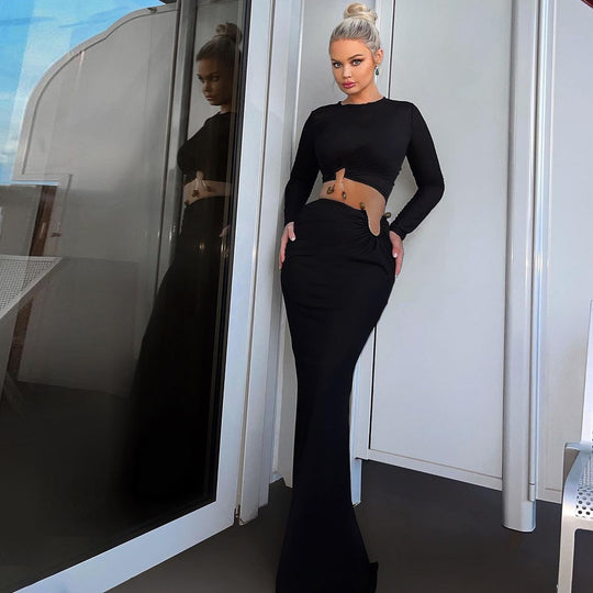 Damen Crop-Top und Maxi-Rock Kombi mit hohem Schlitz und eleganter Raffung EB