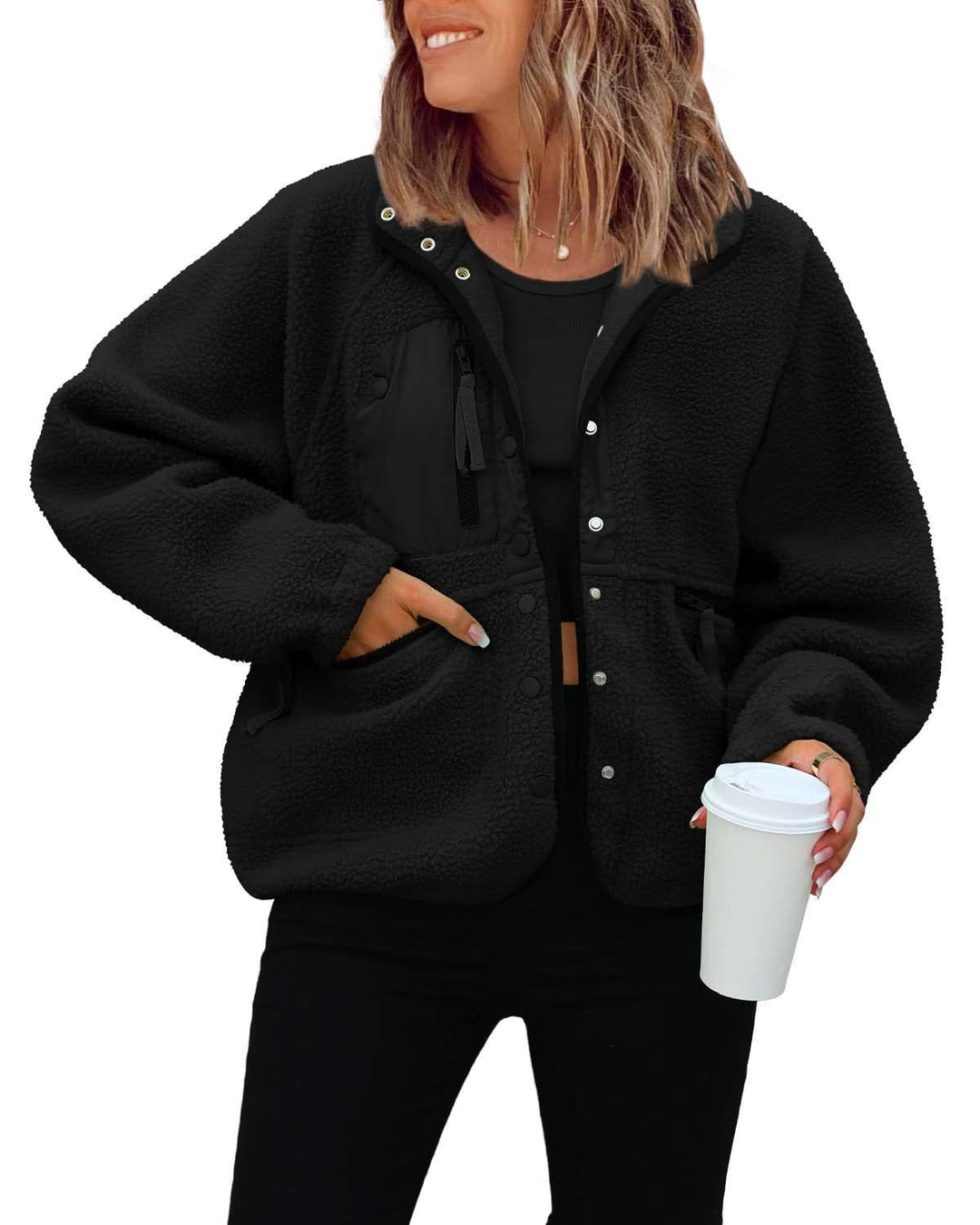 Damen kuschelige Fleecejacke mit praktischen Taschen EB