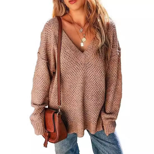 Damen Leicht gestrickter V-Ausschnitt Pullover mit lässigem Schnitt EB