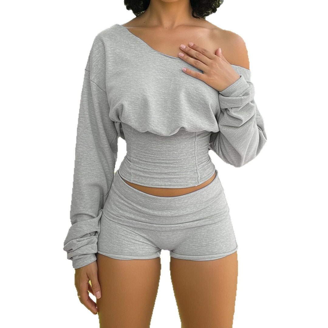 Damen nan asymmetrisches einschulteriges Lounge-Set mit tailliertem gerafftem Crop-Top und hochgeschnittenen Umschlag-Shorts EB