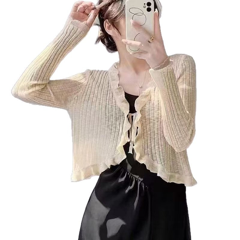 Damen Strickjacke mit Rüschendetails und luftiger Struktur EB
