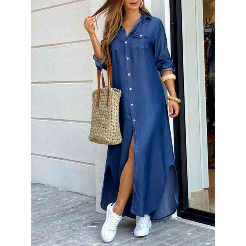 Freizeitkleid Damen Hemdblusenkleid Schlitz