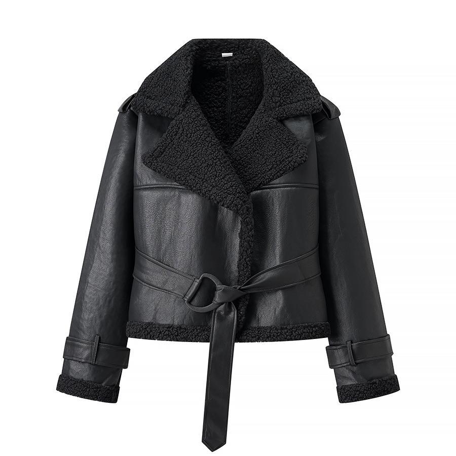 Damen Kunstlederjacke mit Teddy-Futter und taillierbarem Gürtel EB
