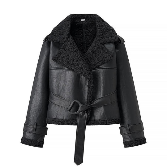 Damen Kunstlederjacke mit Teddy-Futter und taillierbarem Gürtel EB