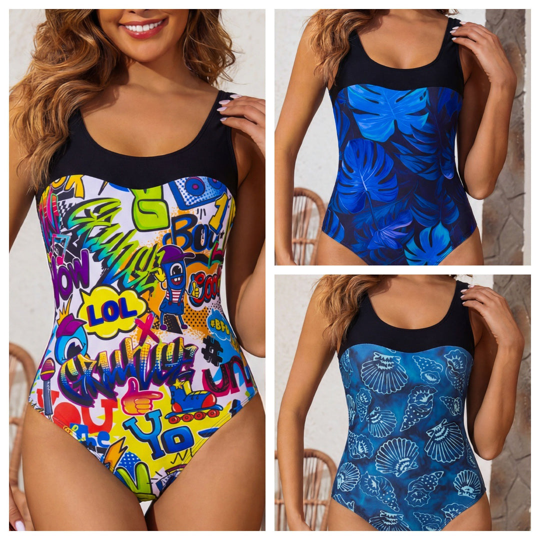 Damen Einteiliger Badeanzug mit buntem Graffiti-Design EB