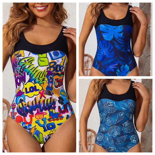Damen Einteiliger Badeanzug mit buntem Graffiti-Design EB