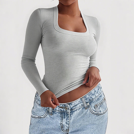 Damen nan figurbetontes Rippstrick-Longsleeve mit tiefem Quadrat-Ausschnitt EB