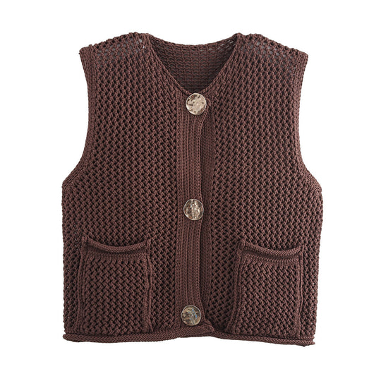 Damen Strickweste mit Taschen und dekorativen Knopfdetails EB