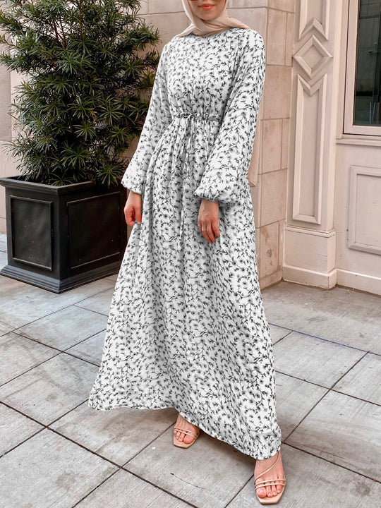 Damen Geblümtes Maxikleid mit Kordel-Taille und Ballonärmeln EB