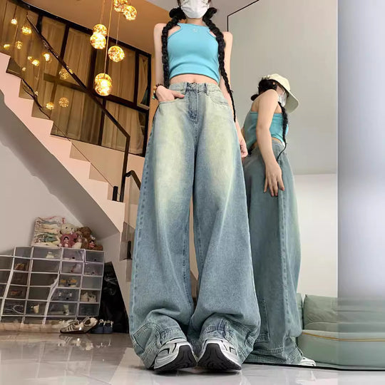 Damen Oversized Denim-Hose mit weitem Bein und modischem Schnitt EB