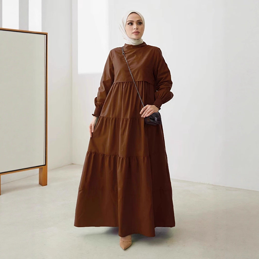 Damen Maxikleid mit Stufenrock, hohem Kragen und gerafften Ärmeln EB