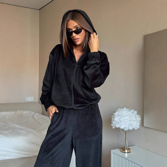 Damen Loungewear-Set mit leichtem Zip-Hoodie, elastischen Bündchen und weiten Palazzo-Hose EB
