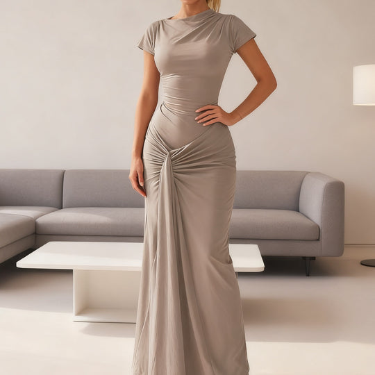 Damen Elegantes Langarm Maxi-Kleid mit Drapierung und figurformendem Schnitt EB