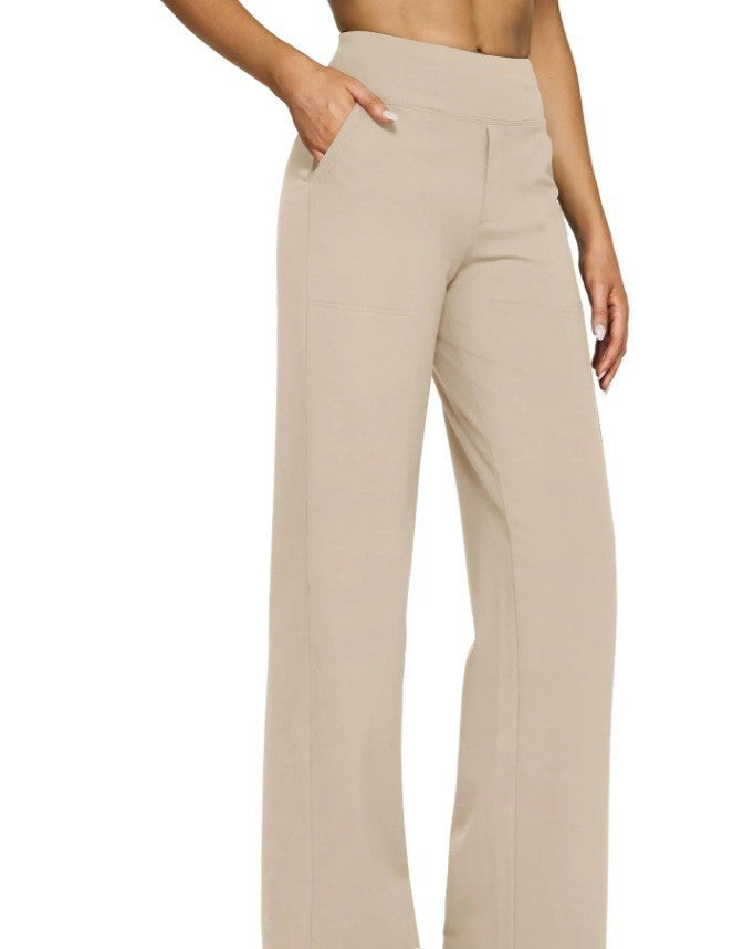 Damen nan fließende High-Waist-Hose mit extra weitem Bein, elastischem Komfortbund und Eingrifftaschen EB