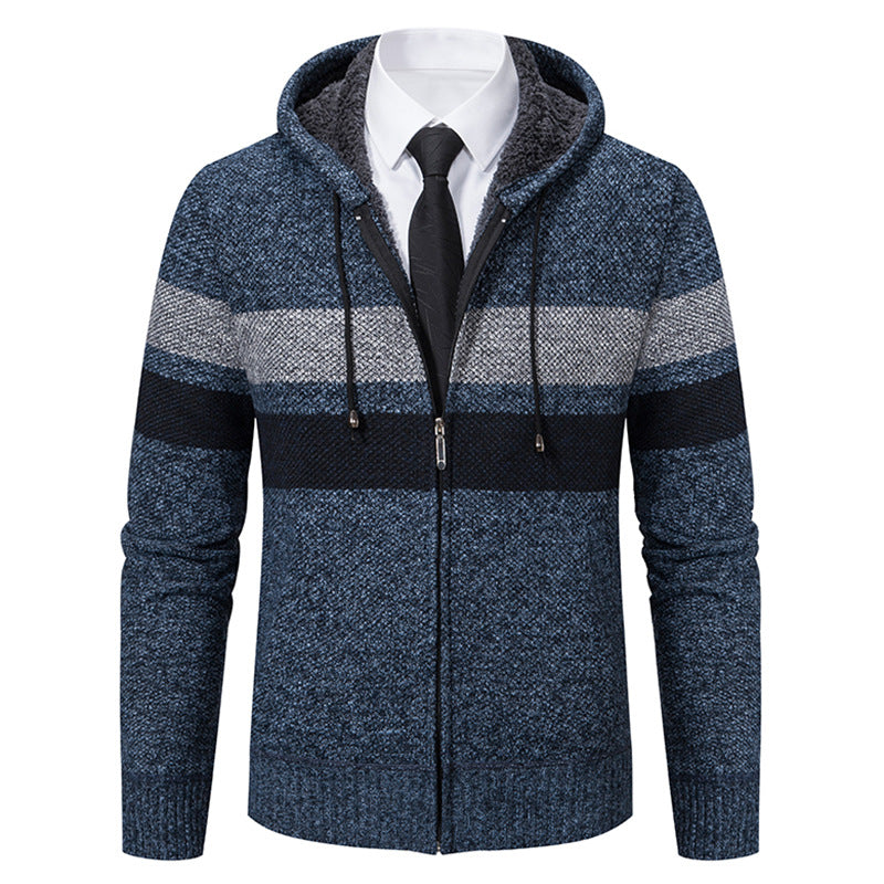 Herren nan gefütterte Kapuzen-Strickjacke mit Teddyfutter, durchgehendem Reißverschluss und kontrastierenden Streifen EB