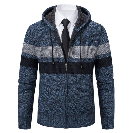 Herren nan gefütterte Kapuzen-Strickjacke mit Teddyfutter, durchgehendem Reißverschluss und kontrastierenden Streifen EB